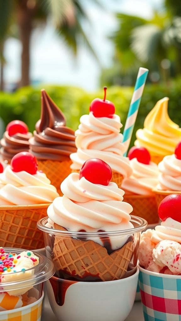 A vibrant display of ice cream cones and bowls with different flavors and toppings.